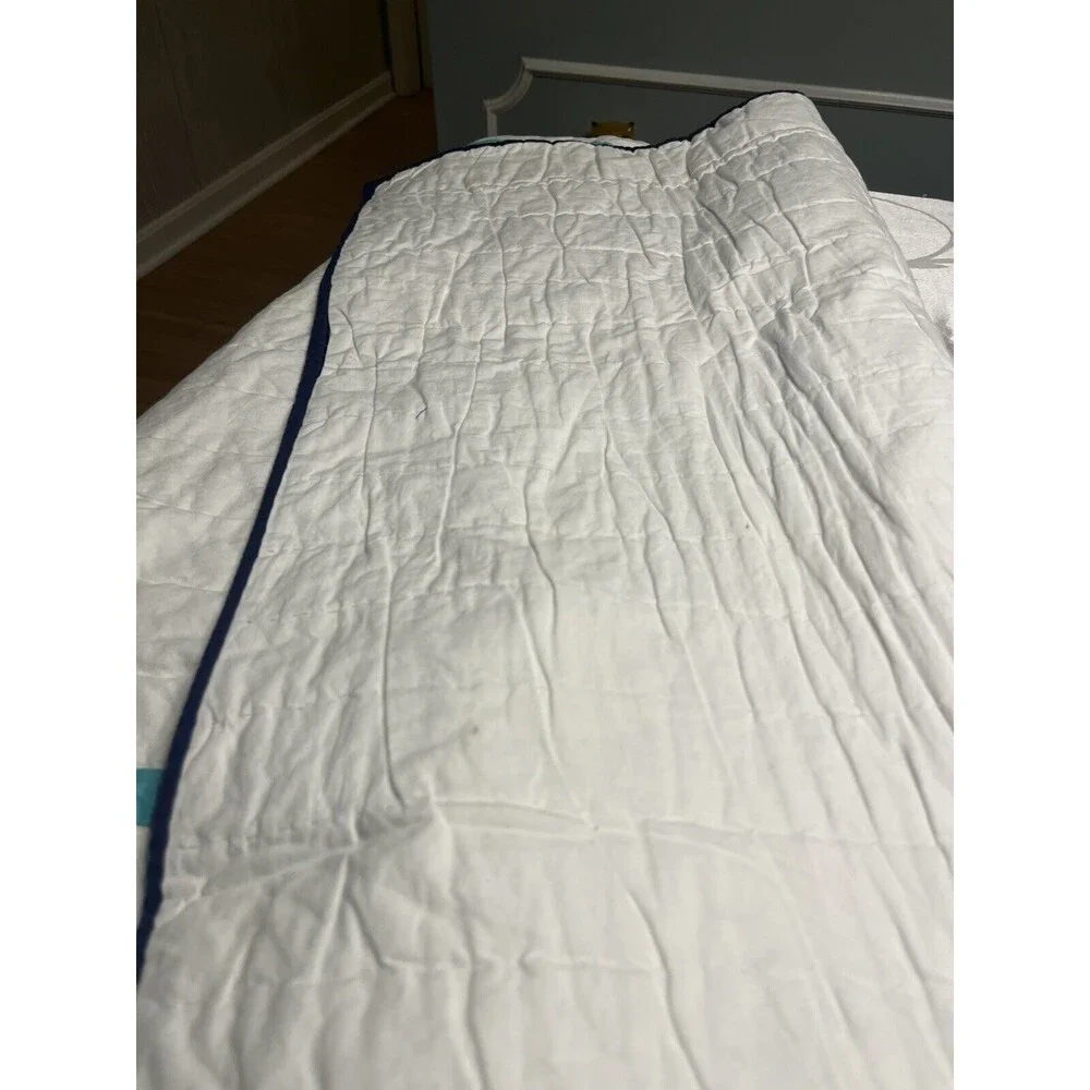 Pottery Barn Kids Hamptons Whale White Teal Baby Blue Toddler Crib Quilt 36x50”